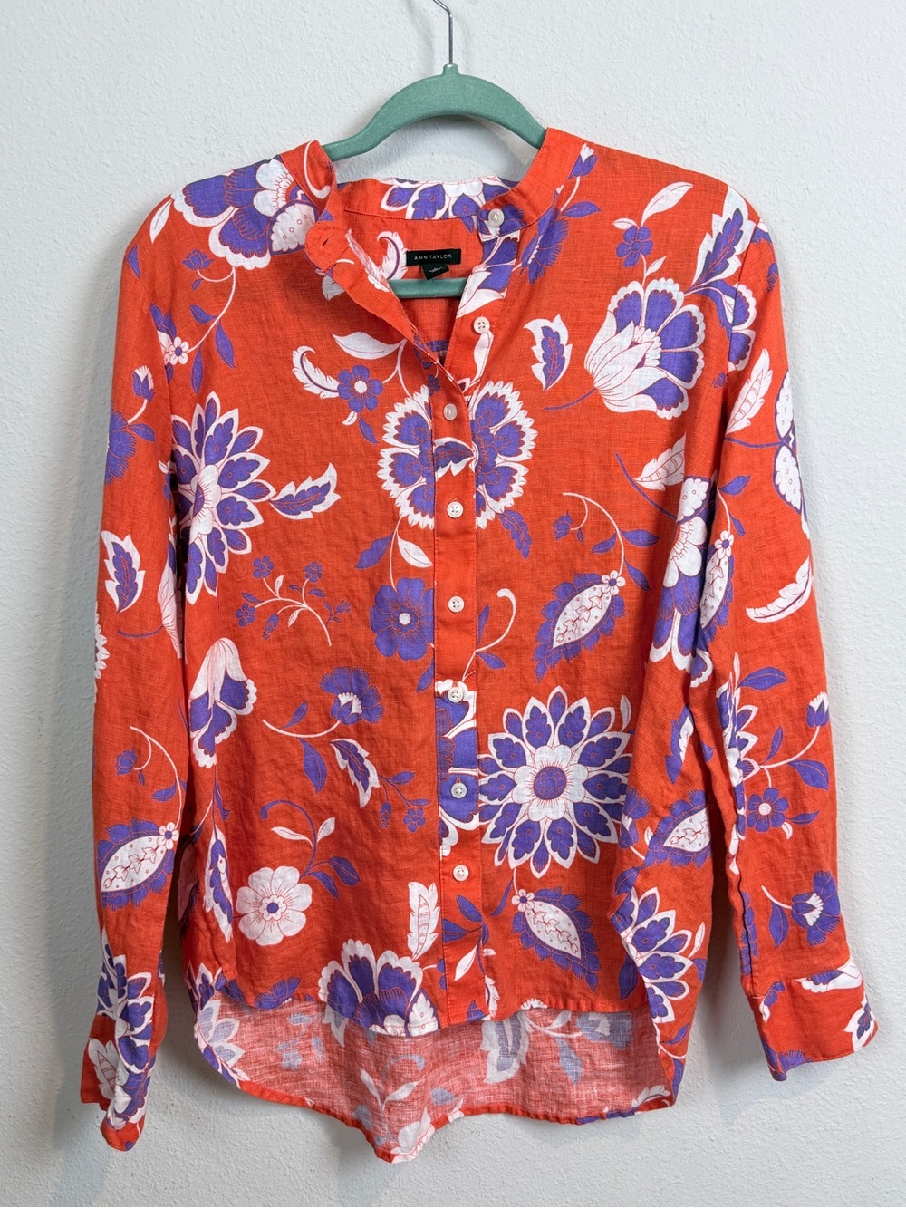 Ann Taylor Linen Orange Floral Button-Front Shirt M